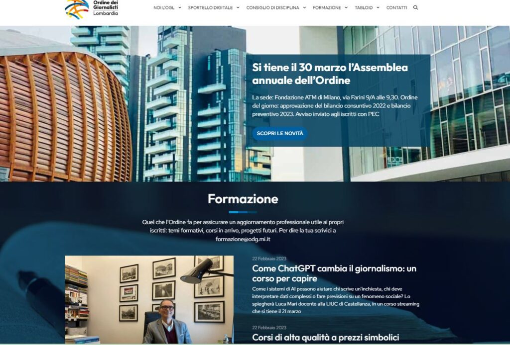 scrivere con chatGpt, screenshot home page sito Odg Lombardia