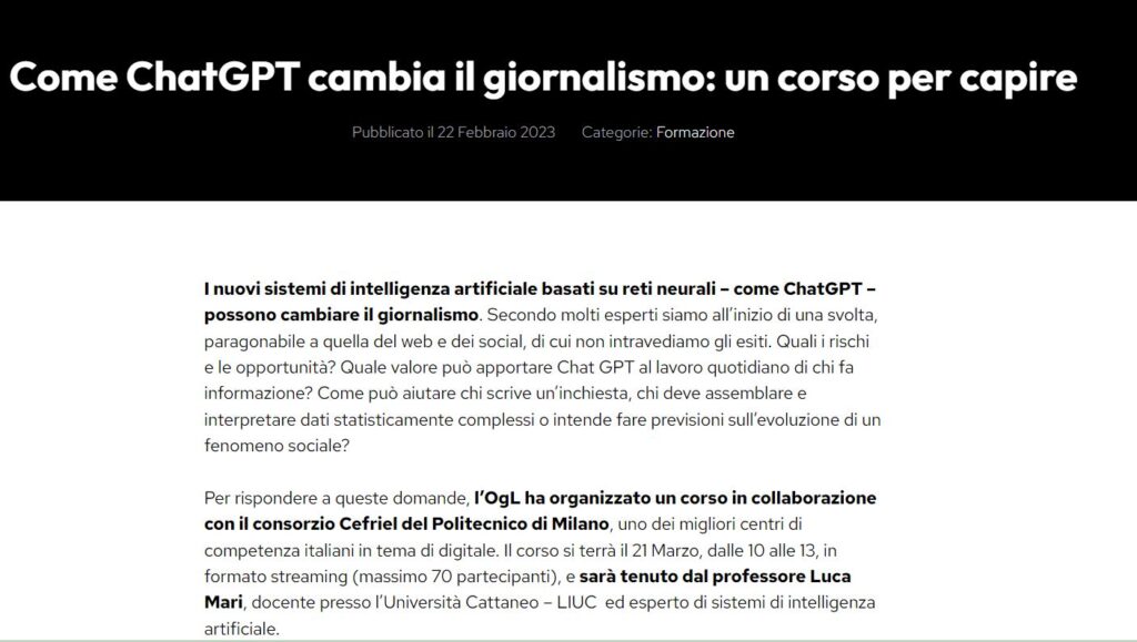 scrivere con chatGPT screenshot corso Odg Lombardia marzo 2023